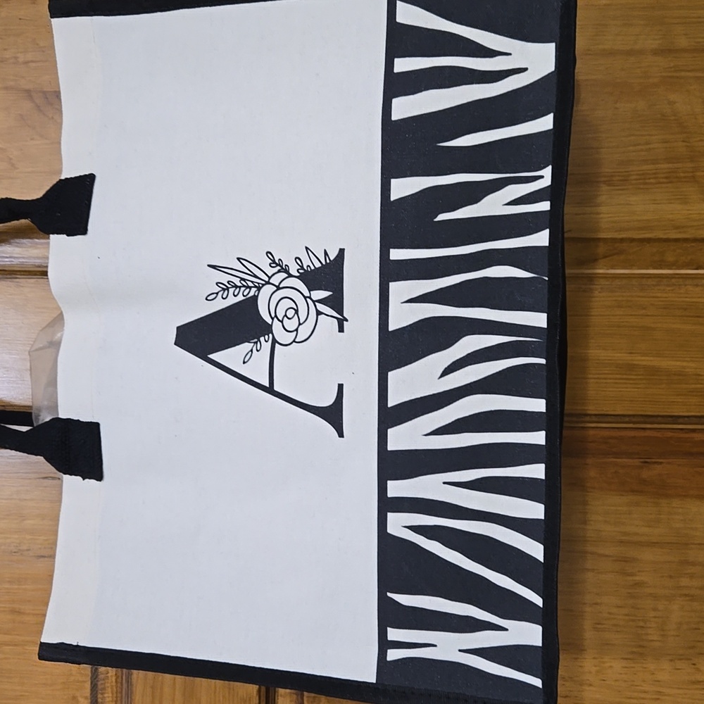 Initial (N or R available) Black and White Canvas Tote Bag with Monogram - Picture 2 of 8